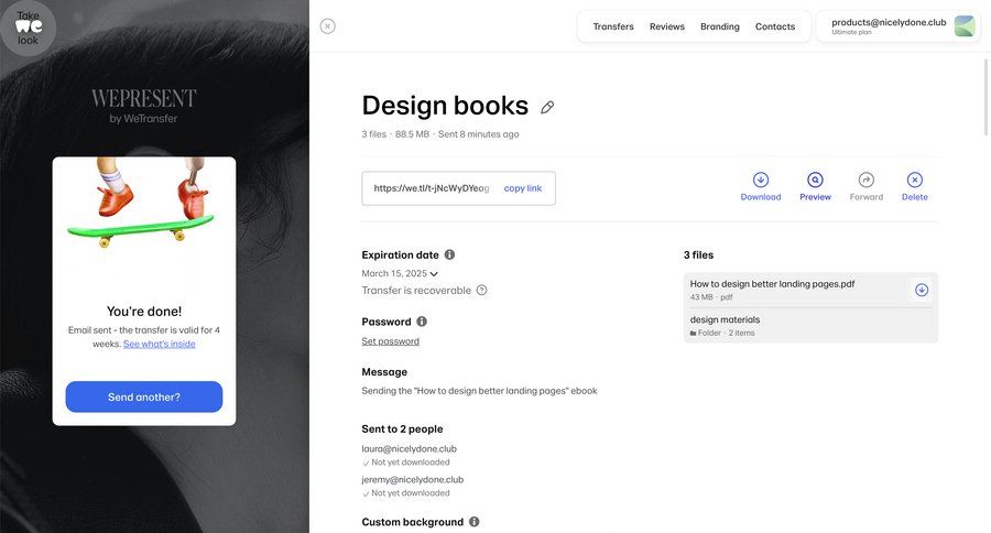 WeTransfer
			 collaboration delete design file management upload image file upload modal product details information page detail view item details info view file uploader upload file upload media upload documents download email confirmation file picker avatar upload ui page example