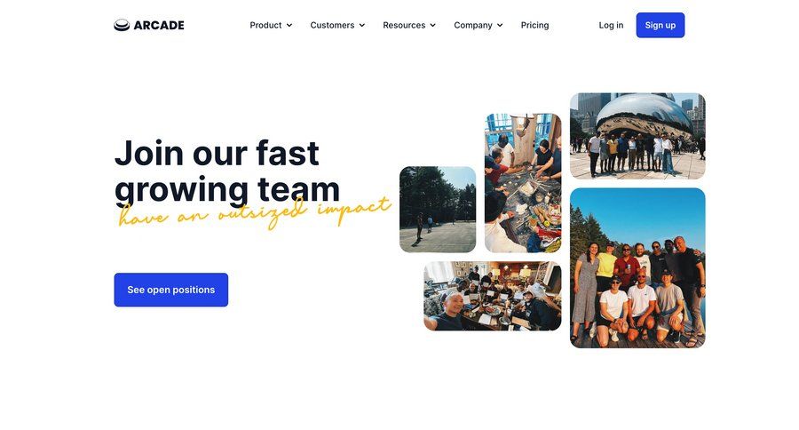 Arcade
			team about & company mission values careers career jobs collaborators job marketing website design ui page example