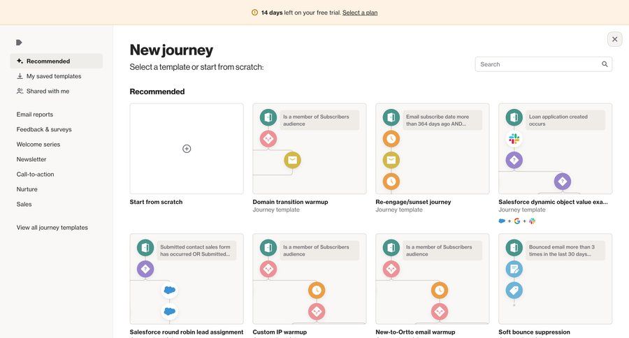 Ortto
			 grid template library marketing automation customer engagement template selection sidebar email confirmation ui page example