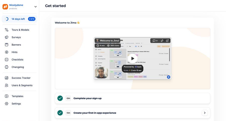 Jimo
			 dashboard sidebar navigation onboarding content blocks video editor getting started coming soon sidebar setup on boarding progress changelog guided tour modern ui page example