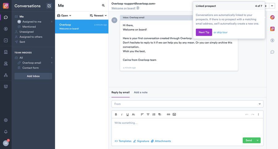 Overloop
			 modal screen onboarding conversational ui onboarding modal customer communication email content hierarchy inbox management dropdown filters sidebar communication tip guided tour conversational ui page example