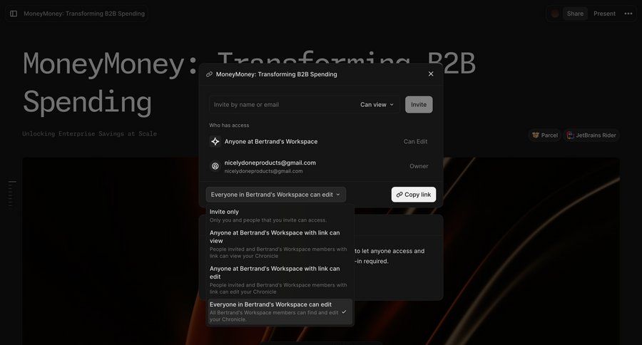 Chronicle
			share team settings sharing settings collaboration finance share modal access control permission management sharing ui page example