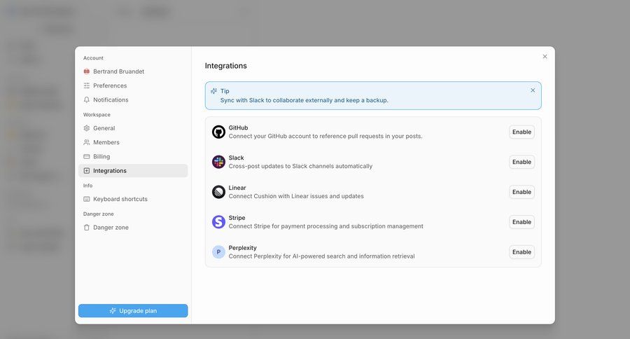 Cushion
			 settings sidebar navigation account management workspace settings modal dialog account settings integration setup integration management team workspace sidebar alert modern settings modal ui page example
