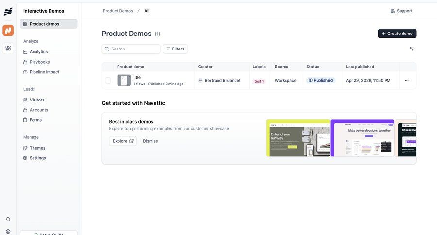 Navattic
			 settings dashboard onboarding progress indicator user invitation call to action sidebar create modern table analytics saas onboarding ui page example