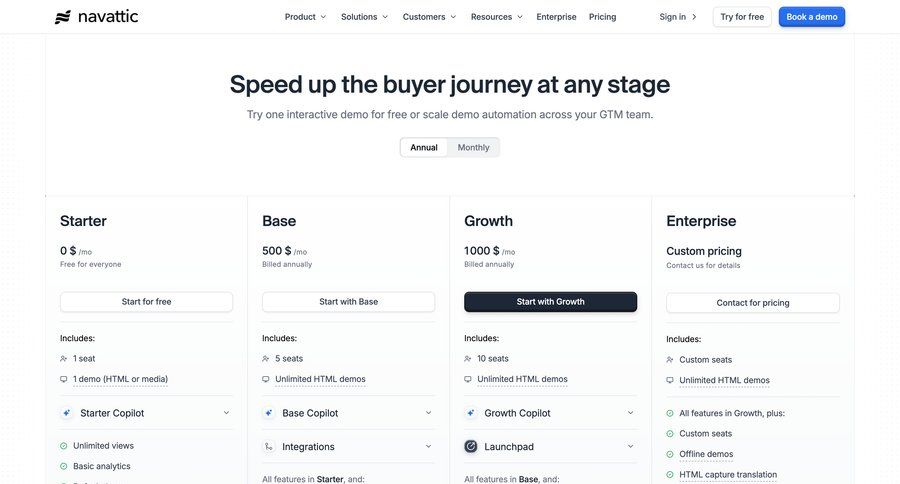 Navattic
			 enterprise plan saas pricing ui page example