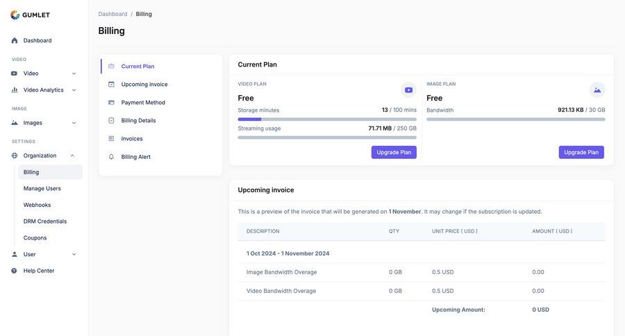 Gumlet
			 dashboard sidebar navigation account management form account settings subscription management content blocks payment method payment history billing history dropdown filters service plans pricing plans subscription plans price payment options premium product packages progress bar payment page modern table payment confirmation pricing packages pricing calculator ui page example