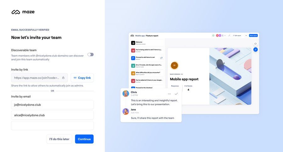 Maze
			 team collaboration onboarding form user research data analysis real-time collaboration content hierarchy chat checkout screen ui page example