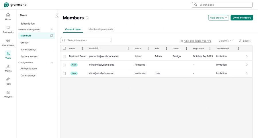 Grammarly
			 enterprise settings team management ui page example