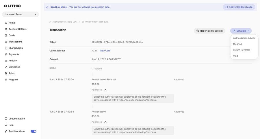Lithic
			 timeline view payment processing ui page example