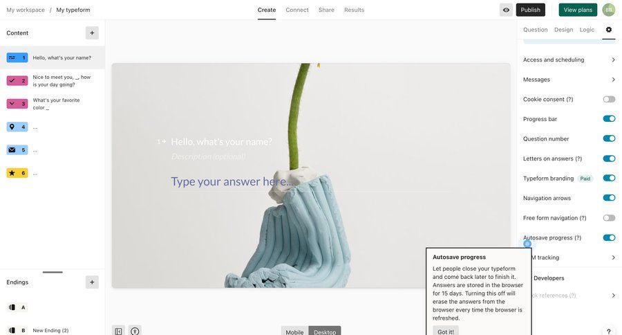 Typeform
			 modern sidebar tutorial settings create guided tour autosave split view editor ui page example