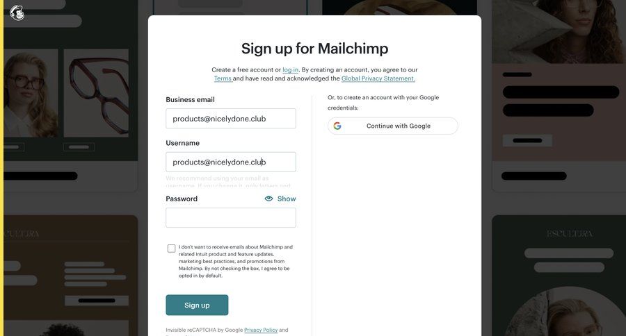 Mailchimp
			 onboarding account creation oauth integration ui page example