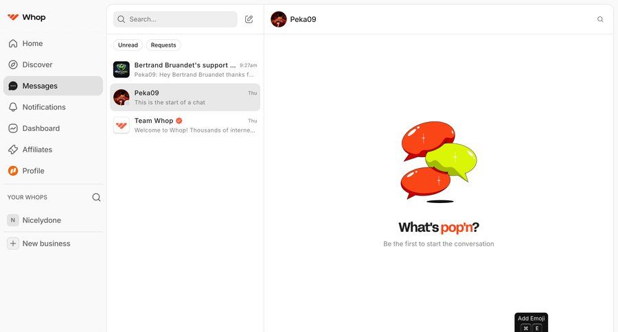 Whop
			 sidebar navigation profile management sidebar communication menu chat interface modern affiliate program ui page example