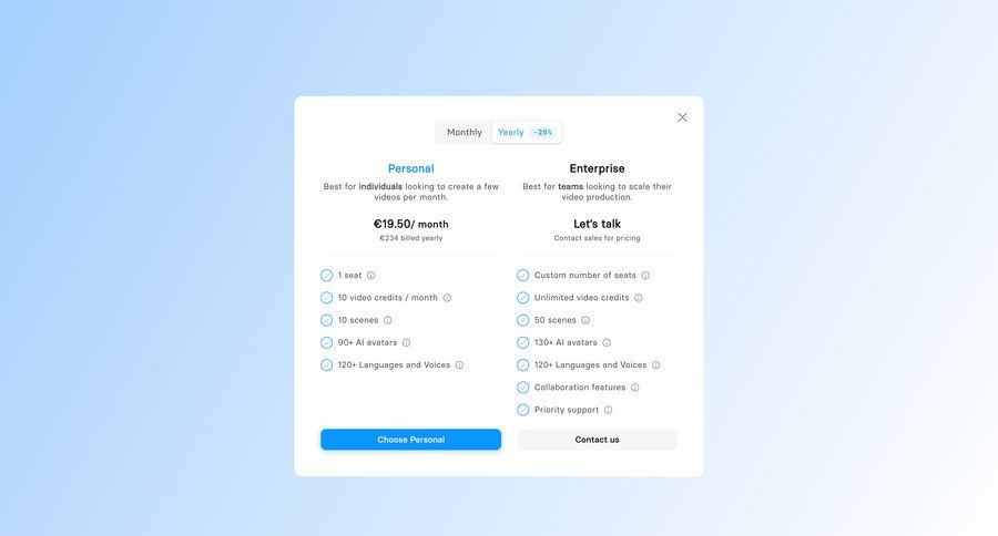Synthesia
				plans & pricing (in app) page example