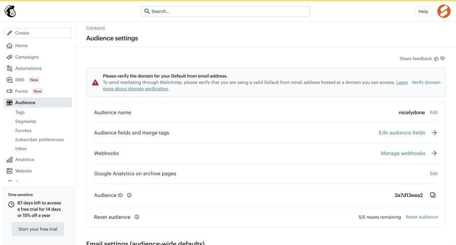 Mailchimp
			 navigation bar sidebar settings form email marketing sidebar navigation account management account settings configuration contextual help create marketing automation audience management trial banner webhook integration analytics integration ui page example