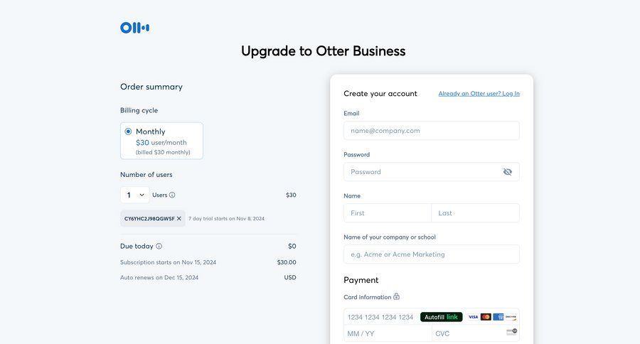 Otter
			checkout form plans & pricing modal screen account management form account creation subscription management trial checkout pay payment options product packages tips tip checkout screen payment page pay bill payment confirmation order tracking summary payment processing ui page example