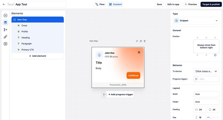 Jimo
			 configuration grid onboarding form editor split view tutorial sidebar setup on boarding guided tour modern contextual help ui page example