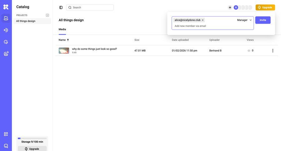 Kinescope
			 collaboration team collaboration dashboard project management file management project collaboration project organization data display sidebar navigation bar menu progress bar modern table ui page example