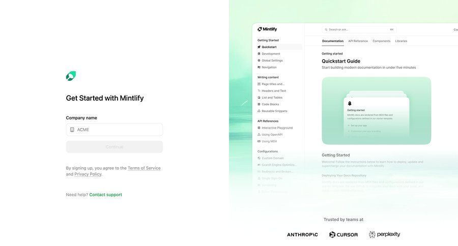 Mintlify
			 onboarding form account setup account creation getting started user permissions auth signup create new account register documentation global search ui page example