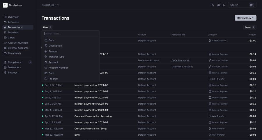 Increase
			 sidebar navigation account management finance export filter controls data display dropdown filters sidebar records menu filter options cards ui table transaction history version control controls ui page example