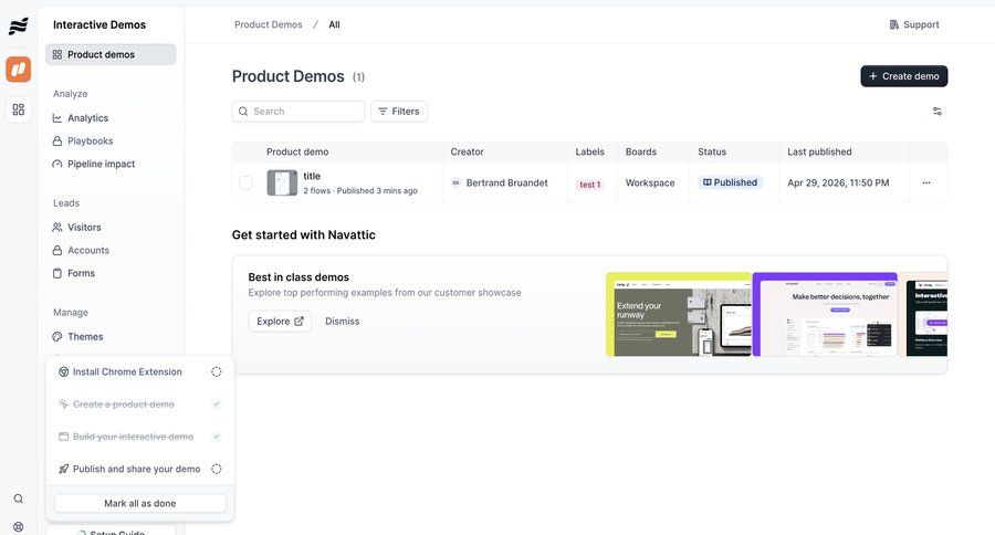 Navattic
			 dashboard onboarding progress indicator sidebar setup modern contextual help analytics ui page example