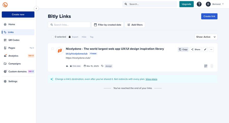 Bitly
			 grid manage links sidebar lists menu filter ui date filter search bar controls ui page example