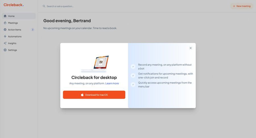Circleback
			onboarding application download product tour artificial intelligence sidebar download ui page example