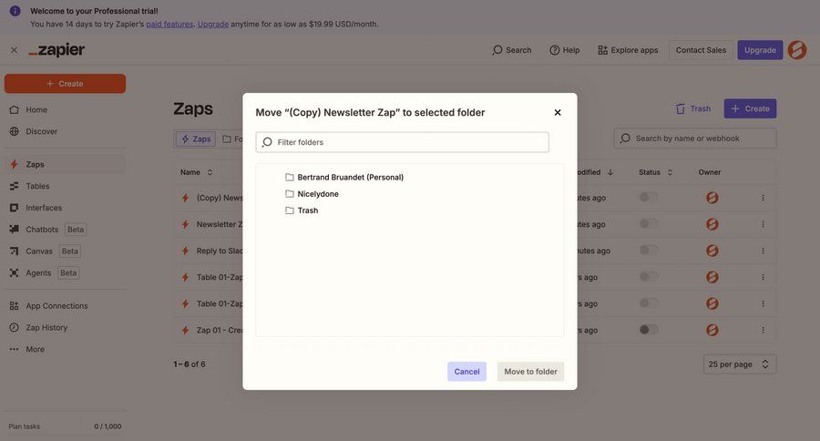 Zapier
			 task management account management folder management ui page example