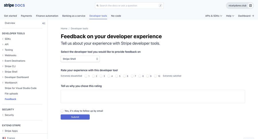 Stripe
			documentation share feedback sidebar navigation form fintech feedback collection user feedback extend trial sidebar doc documentation docs ui page example