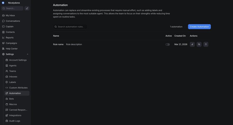 Chatwoot
			 workflow management ui page example