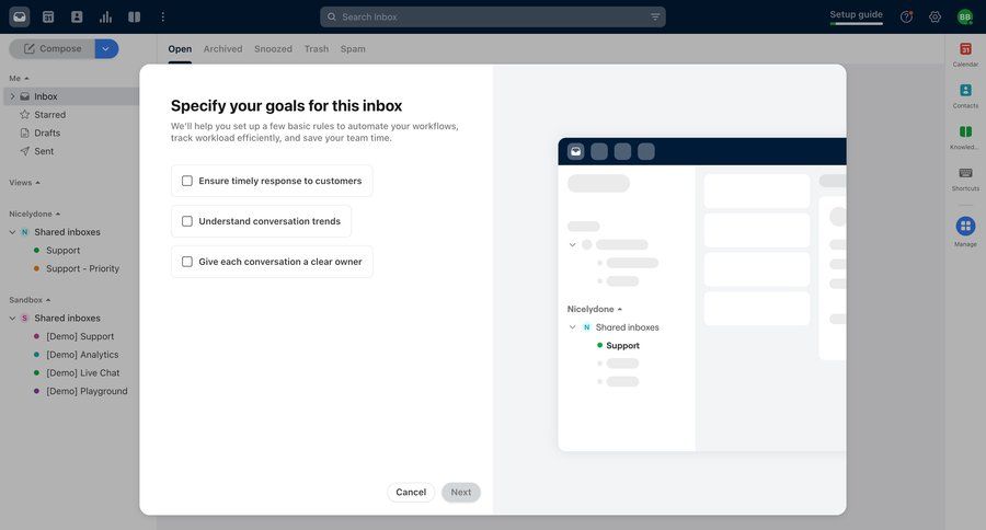 Front
			 modal screen configuration workflow onboarding automation inbox cancel trial radio group setup communication ui page example