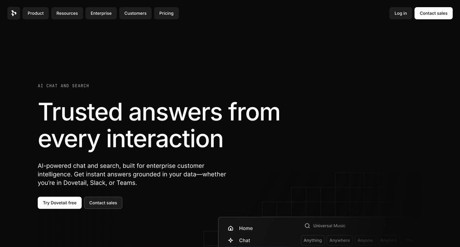 Dovetail
			 knowledge management b2b saas ai chat ui page example