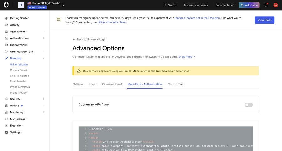 Auth0
			multi-factor authentication (mfa) configuration settings form customize authentication save changes getting started security auth alert advanced search mfa ui page example
