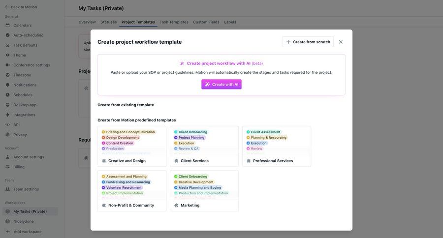 Motion
			 project management workflow onboarding workflow creation template selection timezone selector campaign creation template creation ui page example