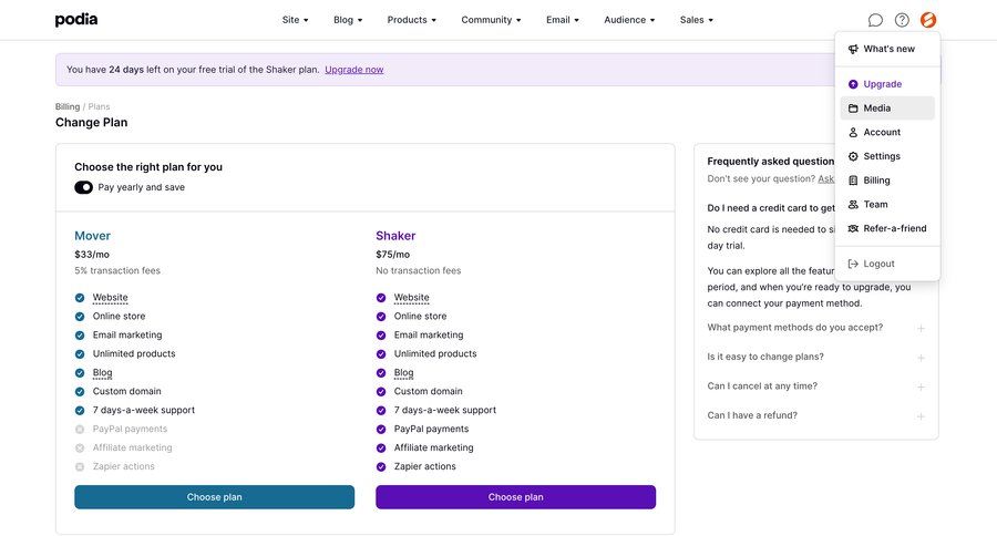 Podia
			 e-commerce account management account settings subscription management plan comparison payment method free trial payment history cancel trial service plans pricing plans subscription plans price menu payment options payment page pay bill payment confirmation connect service pricing packages pricing calculator ui page example