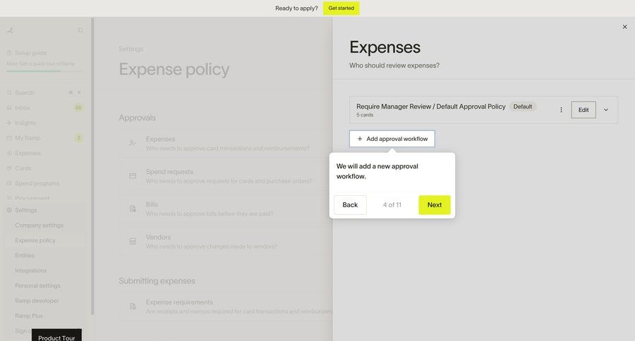 Ramp
			 expense management tutorial guide guided tour approval workflow ui page example