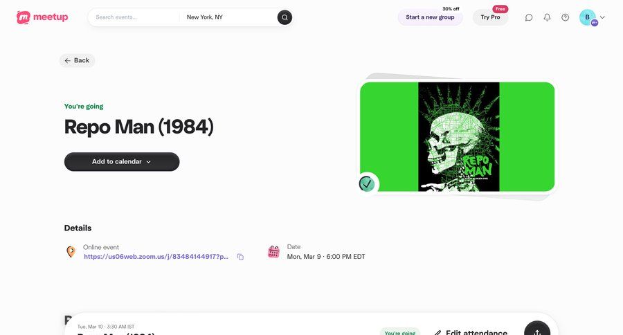 Meetup
			 confirmation call to action detail view modern event management ui page example