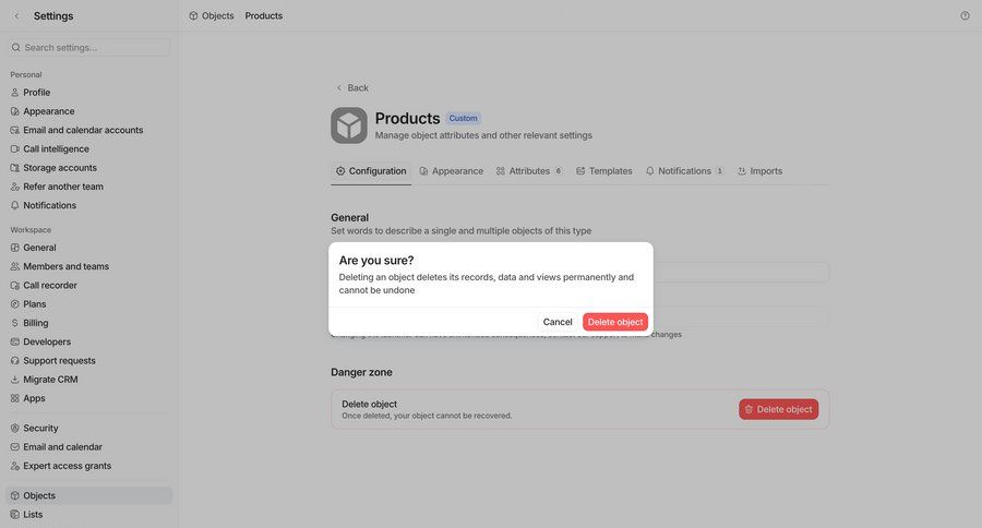 Attio
			 data management settings confirmation cancel deletion confirmation message ui page example
