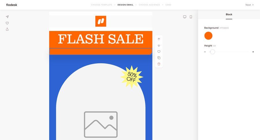 Flodesk
			 e-commerce editor design real-time preview full-screen layout drag and drop wysiwyg announcement ui page example