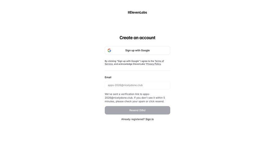 Elevenlabs
			 account creation email verification ui page example