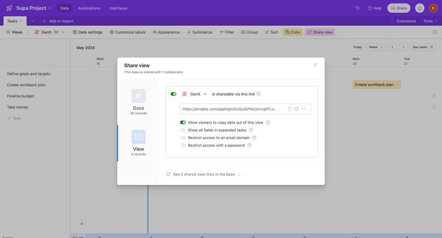 Airtable
			 sharing project management access control collaboration permissions radio group modal screen share modal collaborators access controls ui page example
