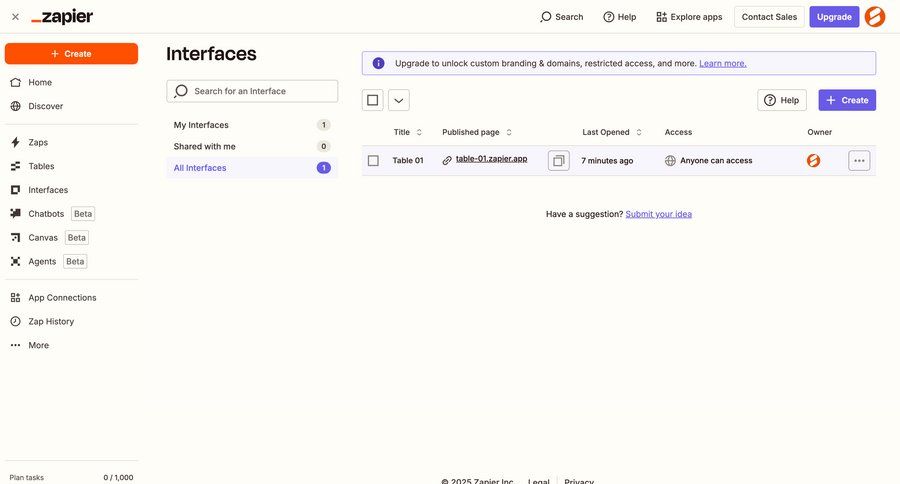 Zapier
			 sidebar navigation grid list management trial banner create menu table search bar ui page example