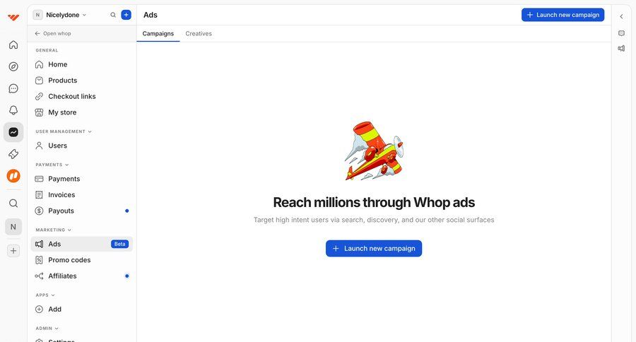 Whop
			 sidebar navigation campaign management ui page example