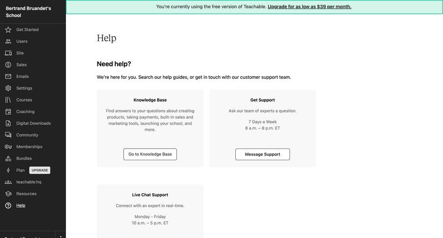 Teachable
			 sidebar navigation knowledge base sidebar check out customer support chat ui page example