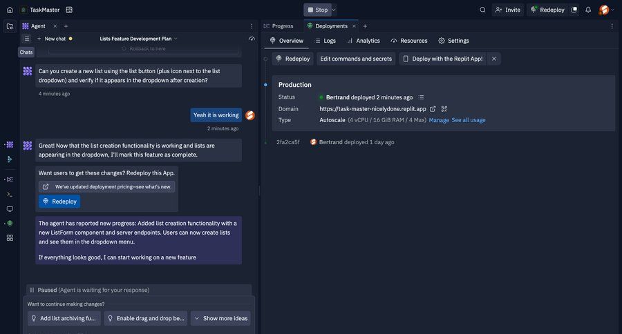 Replit
			 task management dashboard grid full-screen layout deploy message create generate chat navigation bar chat interface ui page example