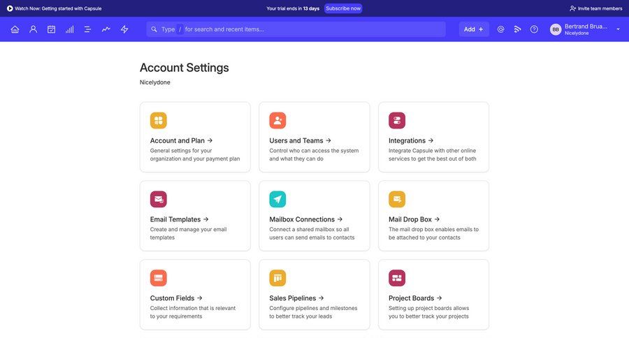 Capsule
			settings integrations billing account settings team settings settings account management grid account settings ui page example