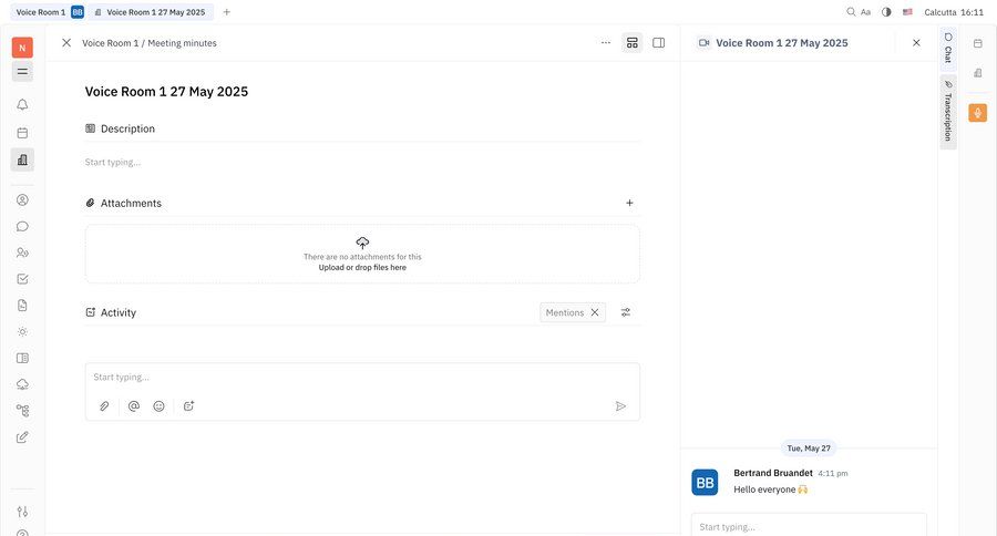 Huly
			 collaboration grid full-screen layout attachment communication chat upload file chat interface meeting ui page example