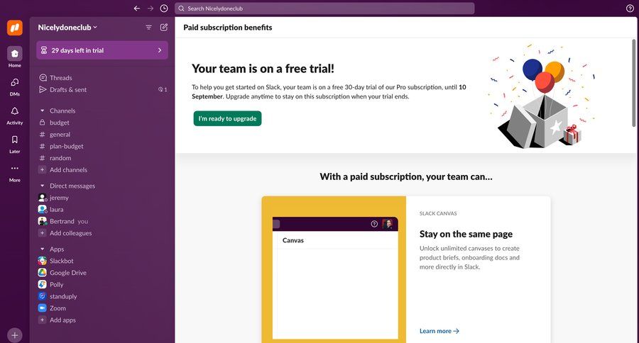 Slack
			 team collaboration sidebar navigation project management onboarding subscription management team workspace trial banner trial checkout free trial call to action sidebar pay payment options product packages paywall payment page modern chatbot payment confirmation ui page example