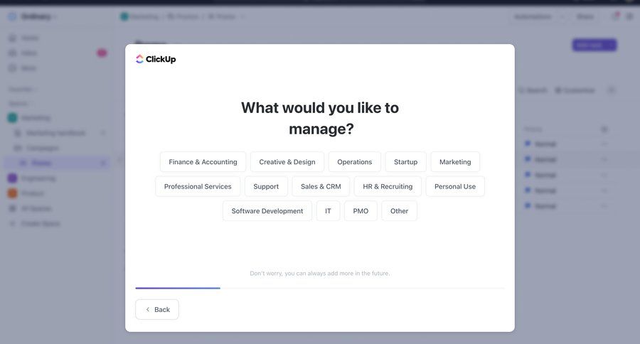 ClickUp
			 task management project management onboarding account setup project setup progress bar ui page example