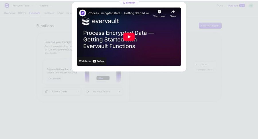 Evervault
			 onboarding video player tutorial detail view item details documentation version control ui page example