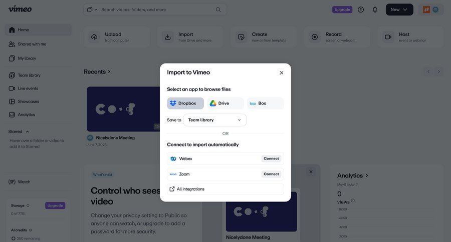 Vimeo
			 modal screen content management onboarding video management file management import file integration ui page example